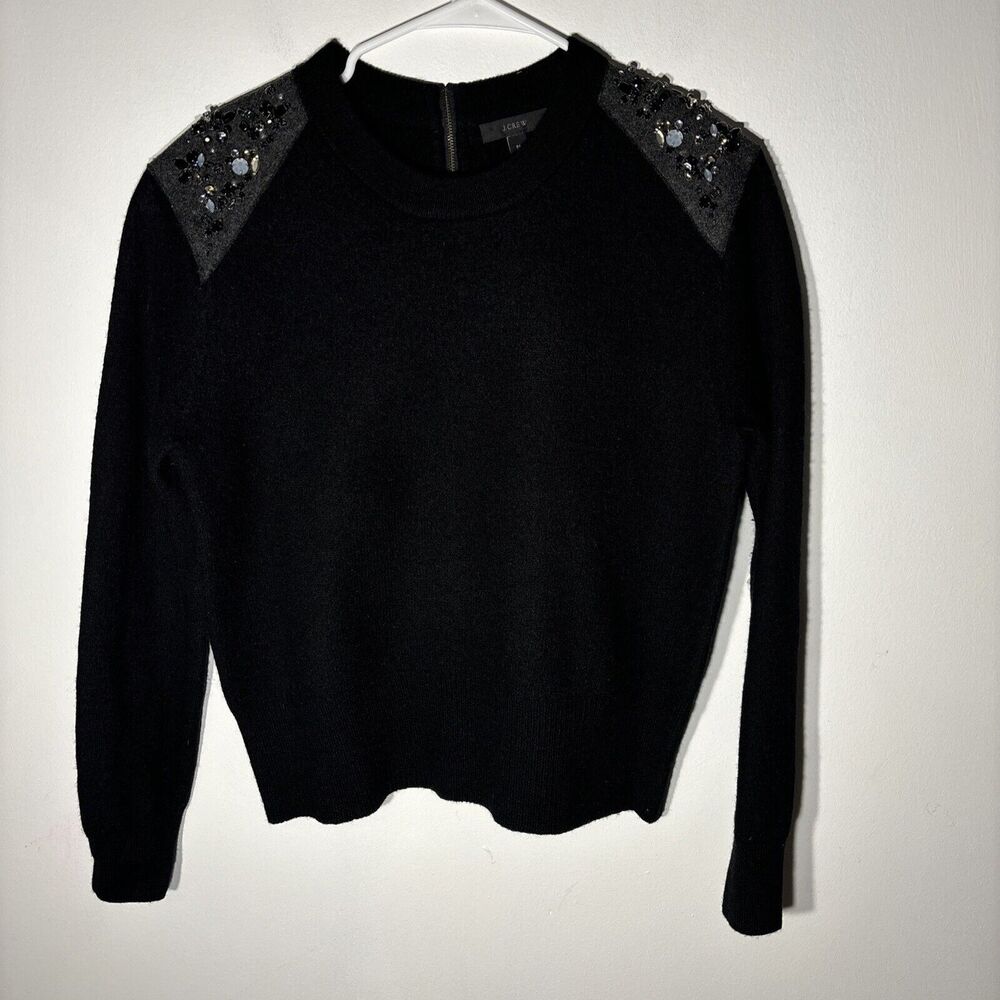 J. Crew Sweater Black Wool Pullover Bead Shoulders Long Sleeve Back Zip Size M